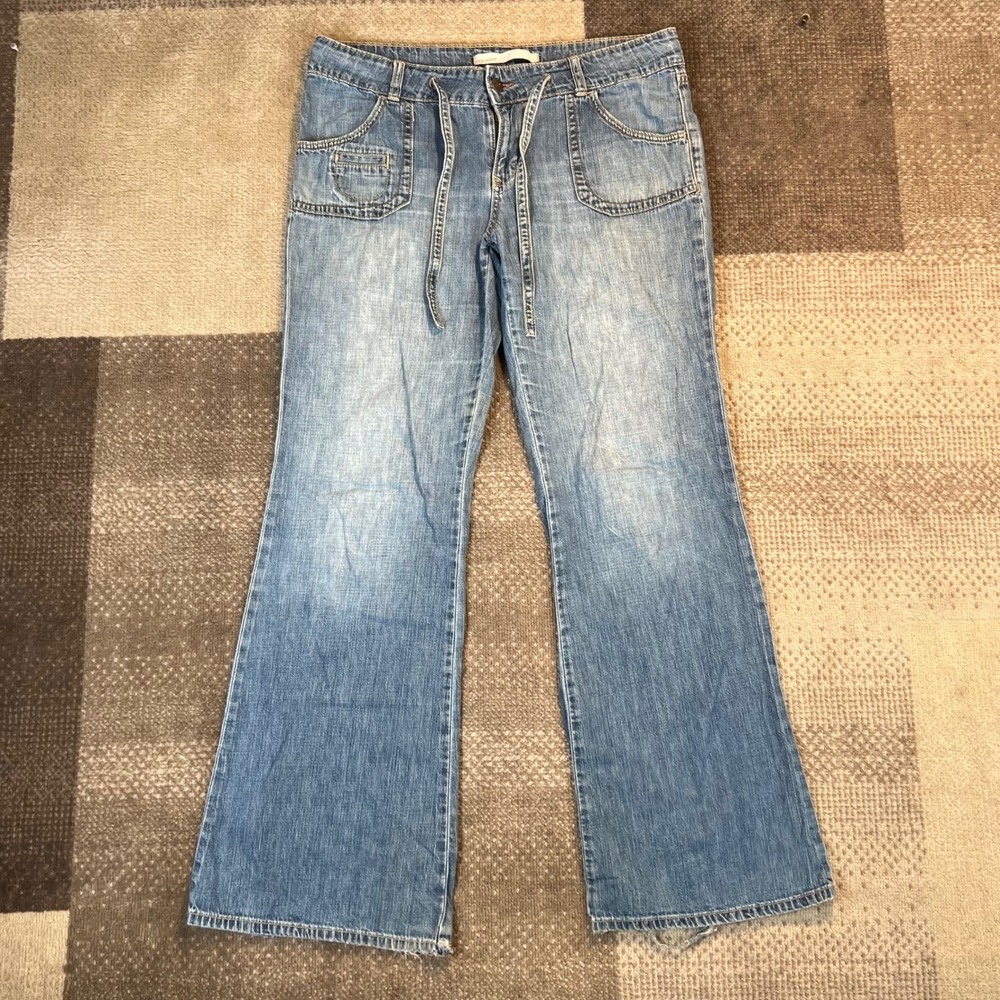 Old Navy Womens Low Rise Flare Jeans Size 12 Blue Denim Y2K Drawstring Pocket